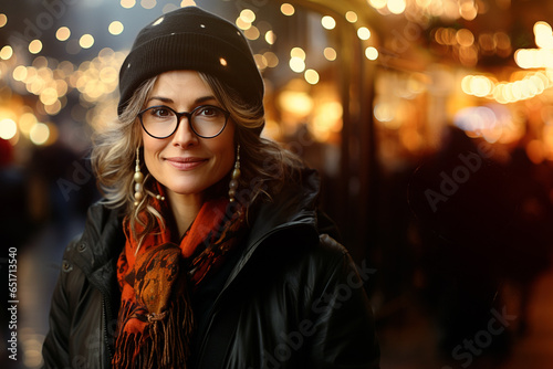 Lady in her 30s smiling confidently, elegant, dressed for the cold weather, downtown at Christmas fair at night