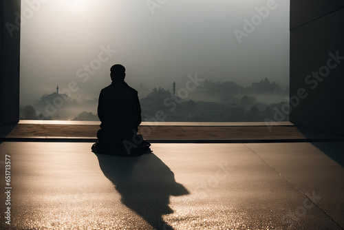 Muslim praying in a mystical environment, silhouette, no face visible, generative ai, color grading photo