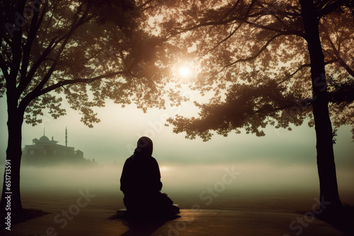 Muslim praying in a mystical environment, silhouette, no face visible, generative ai, color grading photo