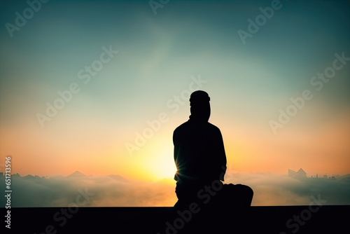 Muslim praying in a mystical environment, silhouette, no face visible, generative ai, color grading