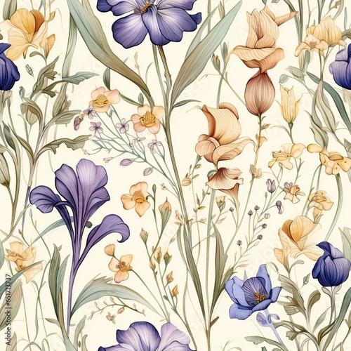 Vintage seamless floral pattern. Botanical Illustration engraving style. Herbs and wild flowers. Art nouveau fabric texture