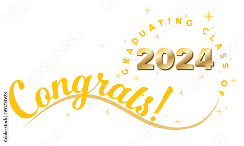 White background - Congrats Graduates Text - in Yellow with 2024 in Gold - Elegant and Dynamic style with type on wave and graduating class of in circle around year. Stars highlight the text.