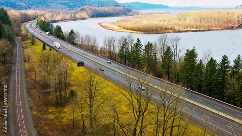 Highway Harmony: Columbia River Gorge with Mountain Views and Freeway Traffic in 4K Video