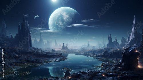 fantasy alien planet. mountain and lake