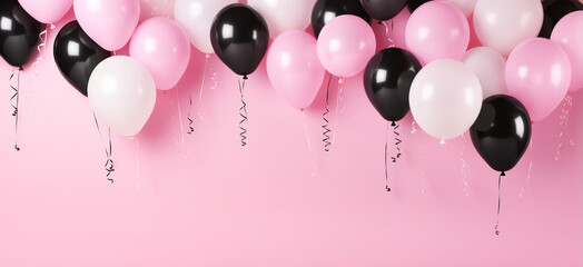 Pink and black balloons on a pink background with space for text