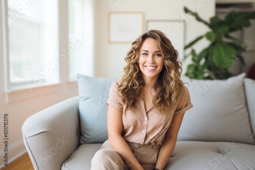 happy blond american woman sitting on sofa at home Free Download happy blond american woman sitting on sofa at home - GFXLoad