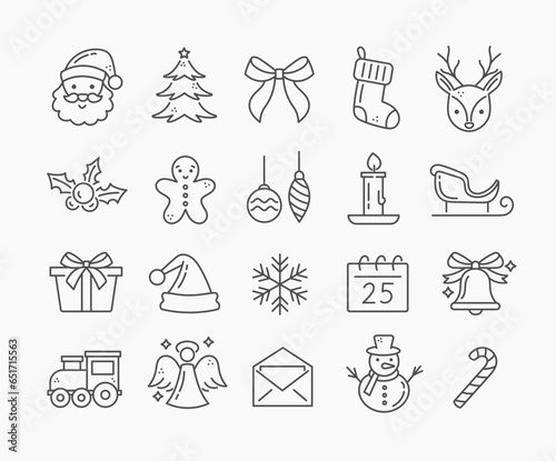 A set of linear Christmas and New Year icons. Editable stroke outline