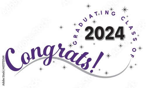 White background - Congrats Graduates Text - in Purple with 2024 in Black - Elegant and Dynamic style with type on wave and graduating class of in circle around year. Black stars highlight the text.