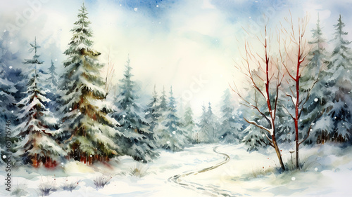 Winter landscape with snow covered trees. Watercolor illustration for your design. Illustration for children's fairy tales, puzzles, computer games.