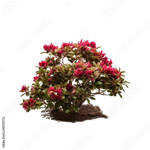 woody bush of pink rhododendron flowers growing in the ground, png file of isolated cutout object with shadow on transparent background.