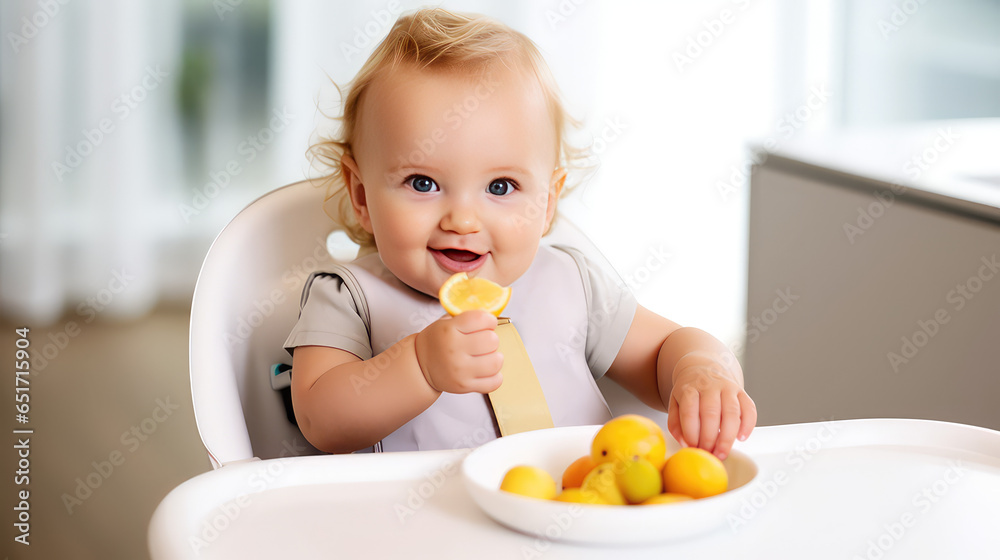 A little baby sits in a highchair and eats a healthy, fresh breakfast. The benefits of fruit for babies, the first complementary food. A little baby sits in a highchair and eats a healthy, fresh breakfast. The benefits of fruit for babies, the first complementary food.