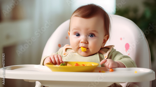 A little baby sits in a highchair and eats a healthy, fresh breakfast. The benefits of fruit for babies, the first complementary food. 