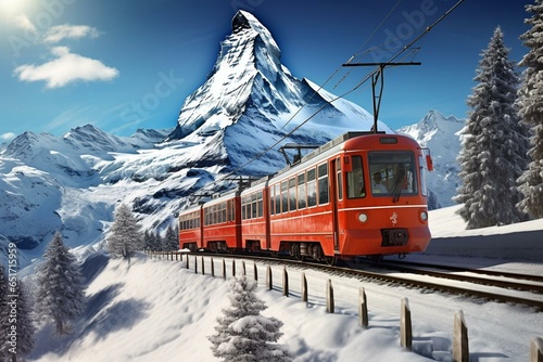 Winter scenery: tourist train and skier marvel at Matterhorn in Zermatt, Switzerland. Generative AI © Hanako