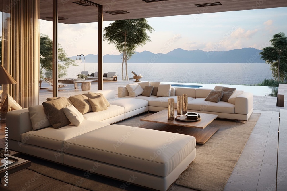 Modern living room with a beautiful view of the sea. Generative AI