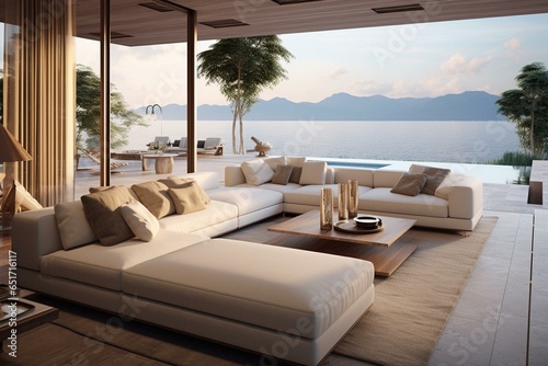 Modern living room with a beautiful view of the sea. Generative AI © Isabela