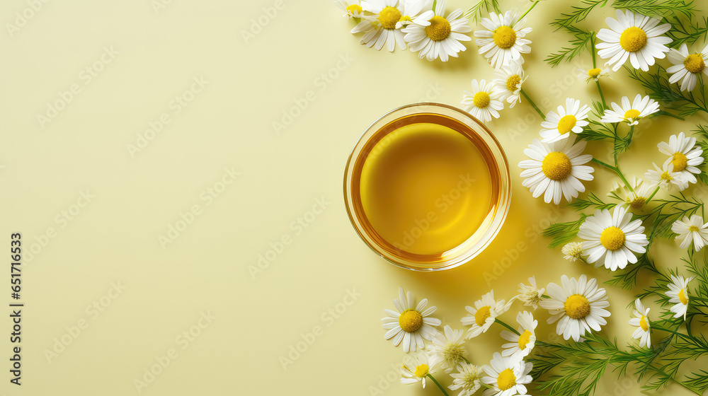 Top view of glass cup with soothing chamomile tea on flat yellow pastel background with copy space, chamomile flowers.  - obrazy, fototapety, plakaty 