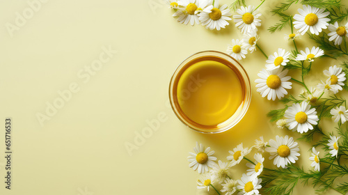 Top view of glass cup with soothing chamomile tea on flat yellow pastel background with copy space, chamomile flowers. 