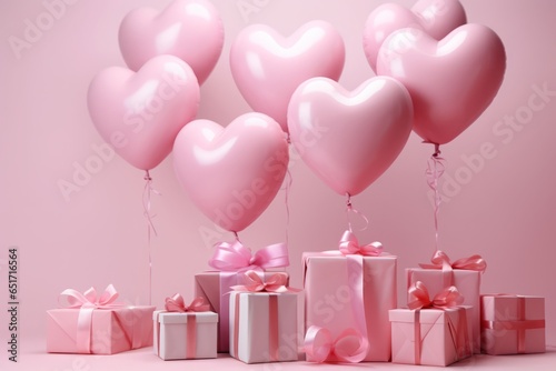 Heart-shaped balloons with helium tied to present boxes with ribbons and packaging decoration, pink studio background