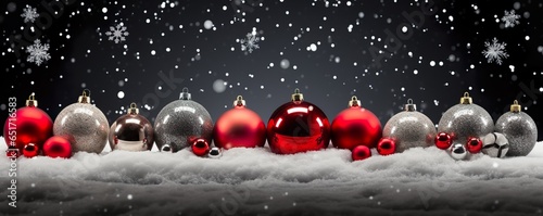 Festive christmas ornaments advent celebration holiday holidays banner greeting card panorama long - Many red and white baubles, balls and stars on snow, black concrete wall background   Generative AI © Kay