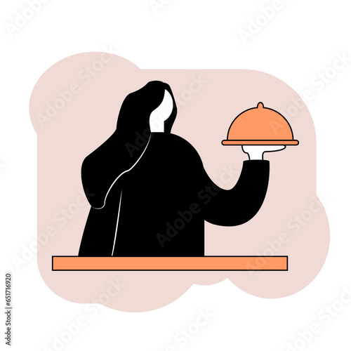 The girl is a cook. Minimalistic illustration of a girl with food in the kitchen. Cafe, restaurant, canteen, snack bar.