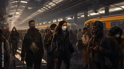 A bustling train station with people wearing masks, with a few individuals being verbally abused due to their ethnicity, highlighting the unfortunate rise of discrimination amidst global crises