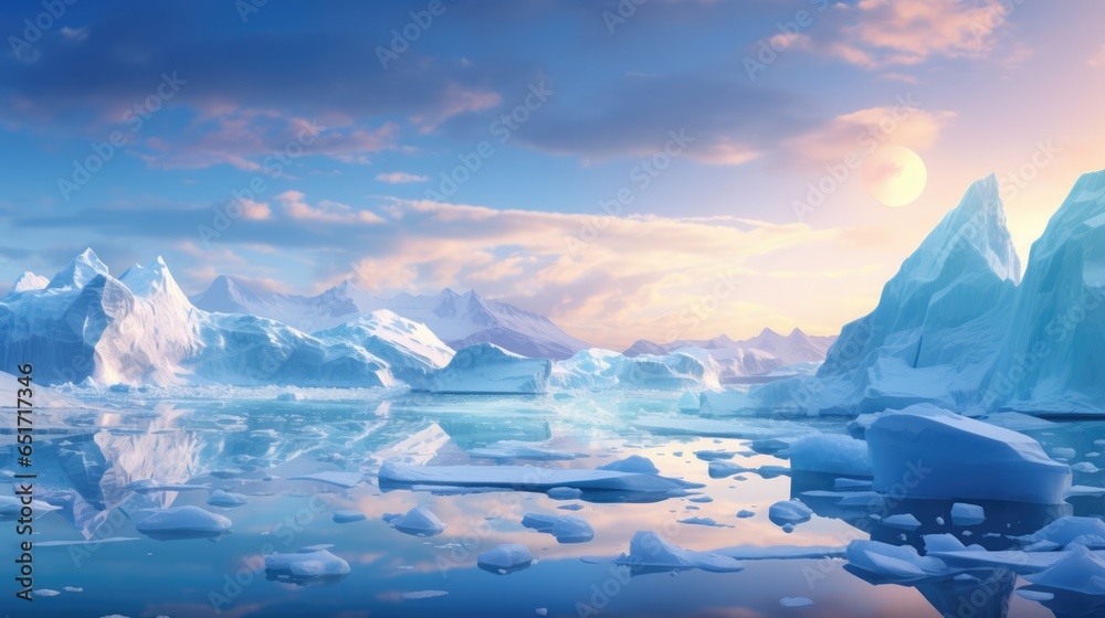 Landscape of melting glacier into the ocean. Global warming, climate change crisis, sea level rising concept