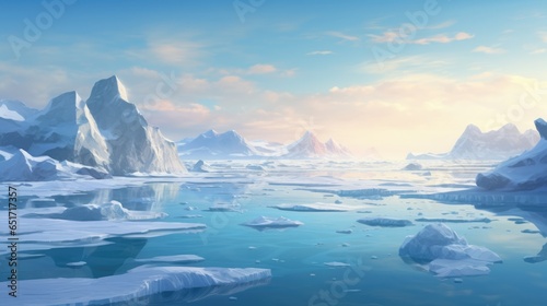 Landscape of melting glacier into the ocean. Global warming, climate change crisis, sea level rising concept
