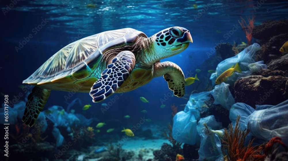 Sea turtle trapped in plastic bags. Environmental pollution problem of rubbish and trash in the oceans and seas Sea turtle trapped in plastic bags. Environmental pollution problem of rubbish and trash in the oceans and seas