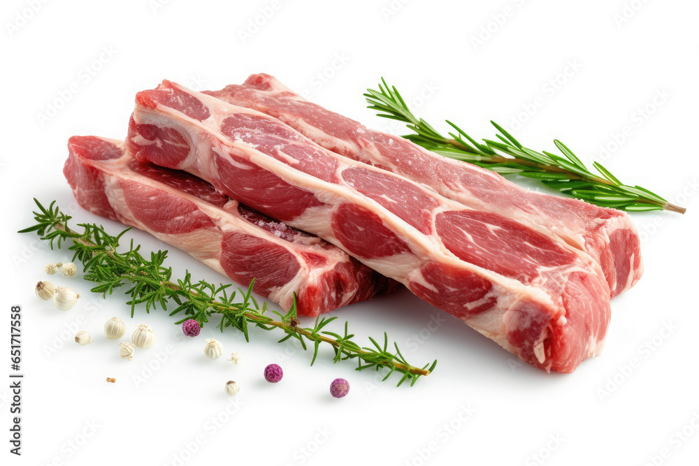 Lamb Ribs meat and herbs isolated on white, Generative AI Lamb Ribs meat and herbs isolated on white, Generative AI