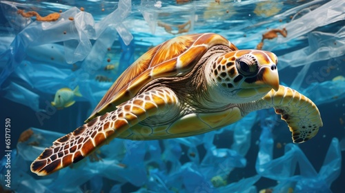 Sea turtle trapped in plastic bags. Environmental pollution problem of rubbish and trash in the oceans and seas