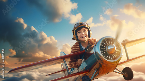  A young, smiling boy piloting a small plane