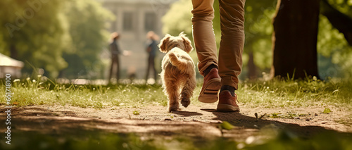 A dog with its owner on a walk in nature. Back view of a man with a dog walking in a park. photo