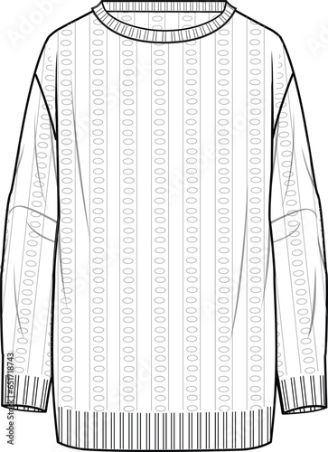 Women's Crochet Tunic- Technical fashion illustration. Front, white colour. Women's CAD mock-up.