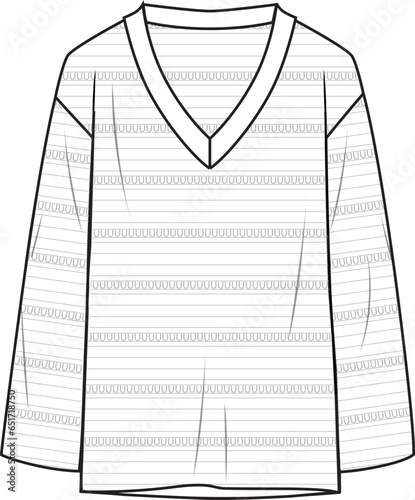 Women's V-Neck Crochet Jumper- Technical fashion illustration. Front, white colour. Women's CAD mock-up.