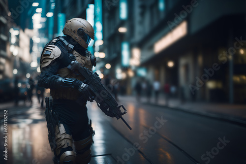 High-tech future soldier in heavy armor patrolling city streets © Gaston