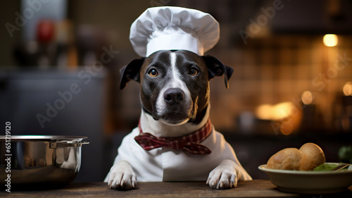 A spectacular black dog in a white suit in the kitchen at the table. Chef dog on the background of the kitchen. Excellent focus. Cute dog wearing a chef's hat and white jacket. Chef for pets.