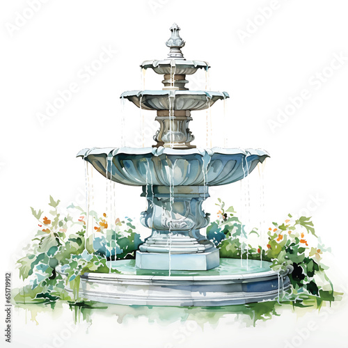 A watercolor fountain surrounded with plants and flowers