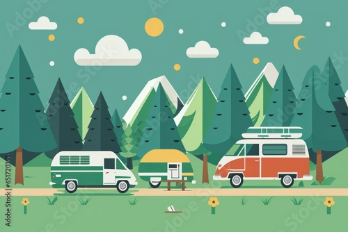 Modern new Camping Van cartoon painting, parking at the forest in beautiful, generative ai, authentic nature