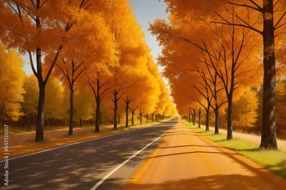 Road on an autumn day. Autumn road through a rural field landscape, generative ai. Yellow and orange trees