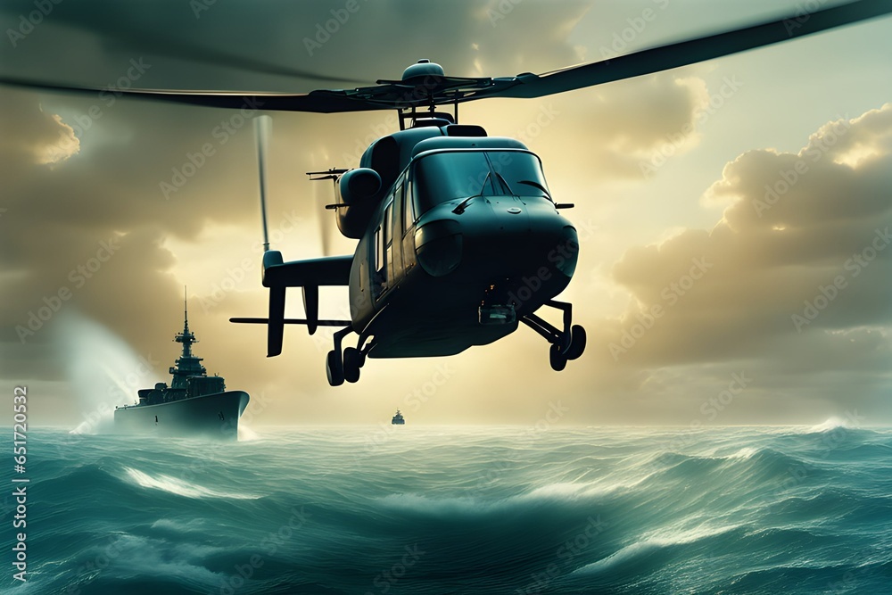 Helicopter flying in the middle of the sea, generative ai Helicopter flying in the middle of the sea, generative ai