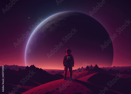 Astronaut in space suit walking on an unexplored planet  generative ai