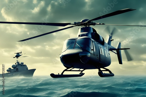 Helicopter flying in the middle of the sea, generative ai