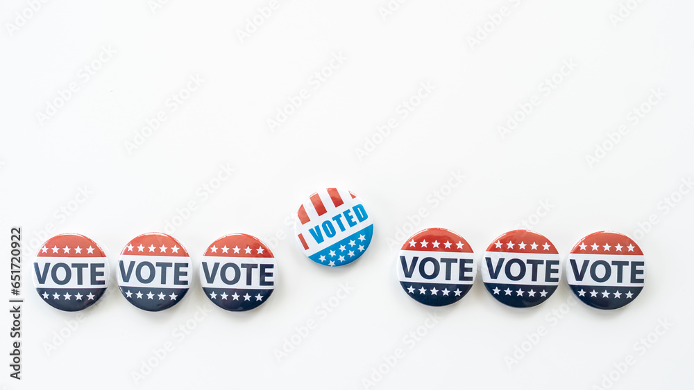 Presidental election 2024, red,blue and white vote buttons. I voted badge isolated on white