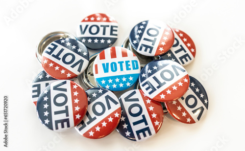 Presidental election 2024, red,blue and white vote buttons. I voted badge isolated on white background. Election day United States of America photo