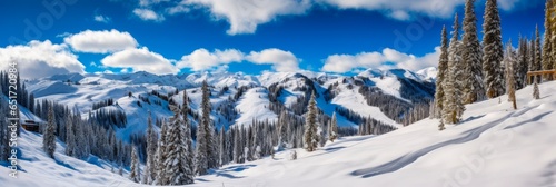 Alta Utah Winter Landscape. Panoramic View of Snowy Mountains, Forest and Skies, with Ski Trails in the Foreground photo
