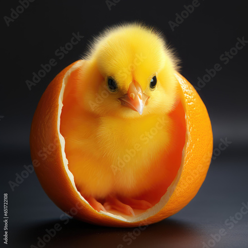 Chicken hatches from orange, surreal food photo