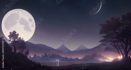 Night landscape with moon over the mountains