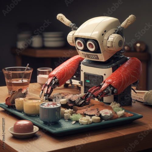 80s sushi robot, surreal food photo