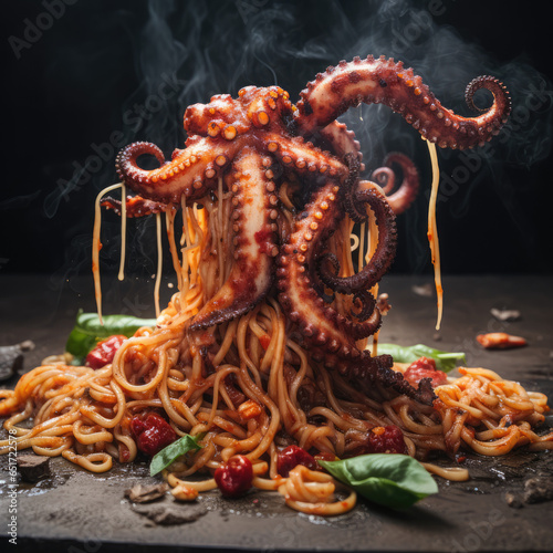 Squid fighting with spaghetti, surreal food photo