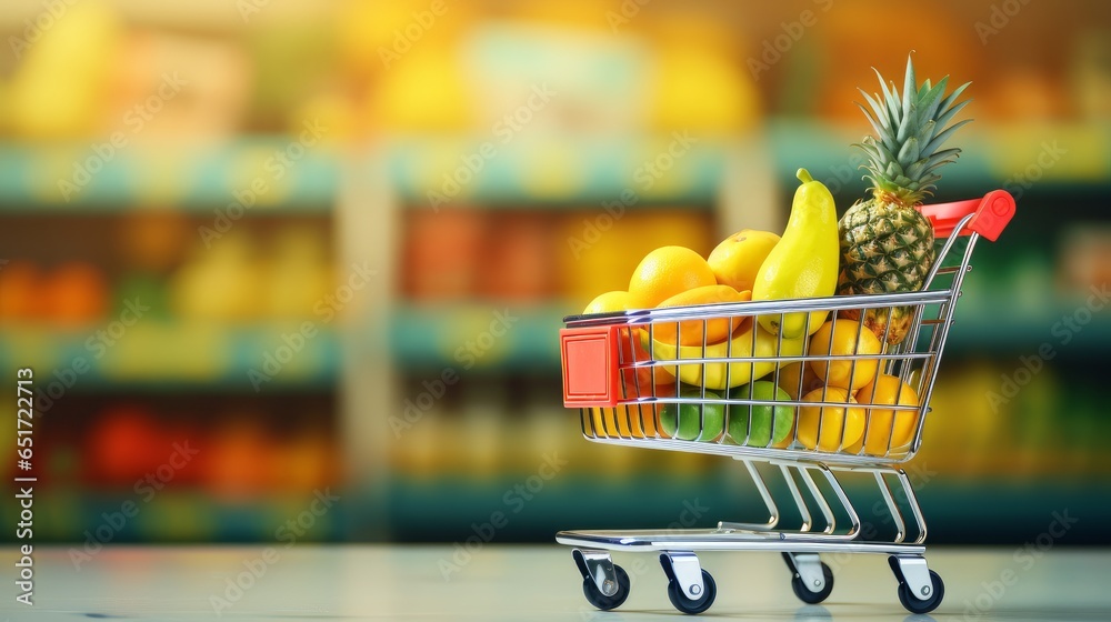shopping cart full of groceries with supermarket shelves in the background, grocery shopping concept